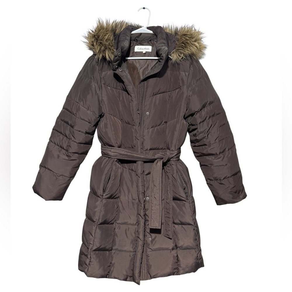 Calvin Klein Brown Down Quilted Puffer Parka Coat Size L Faux Fur Hood‎ Belted